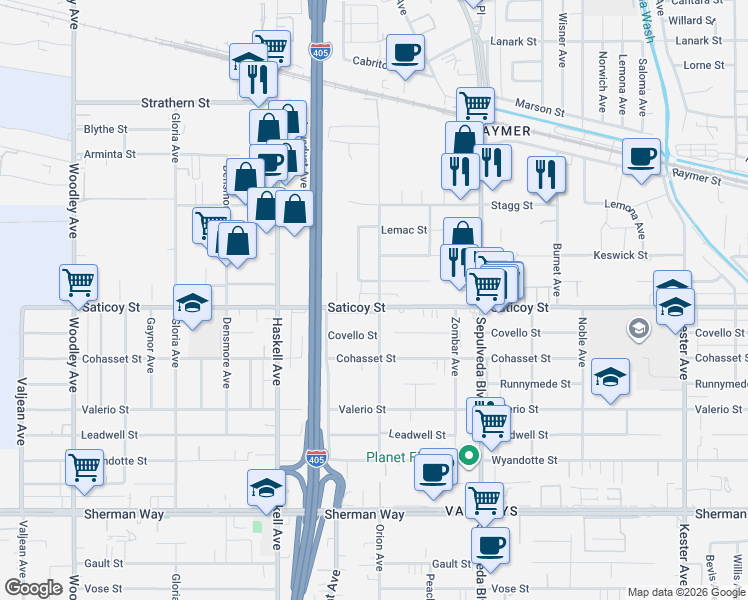 map of restaurants, bars, coffee shops, grocery stores, and more near 15520 Lull Street in Los Angeles