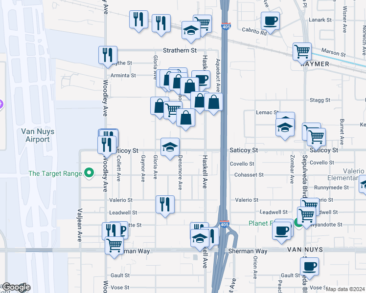 map of restaurants, bars, coffee shops, grocery stores, and more near 15803 Saticoy Street in Los Angeles