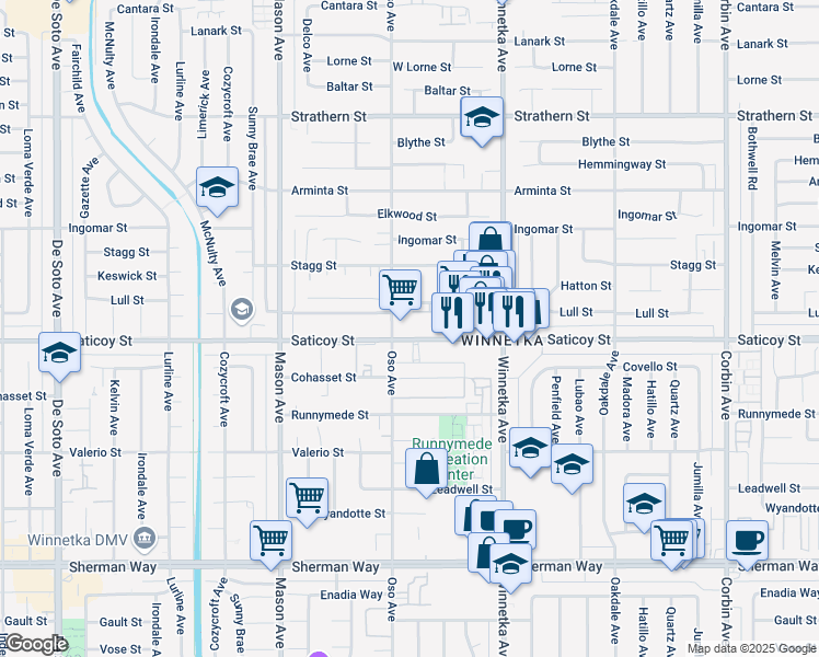 map of restaurants, bars, coffee shops, grocery stores, and more near 20263 Saticoy Street in Los Angeles