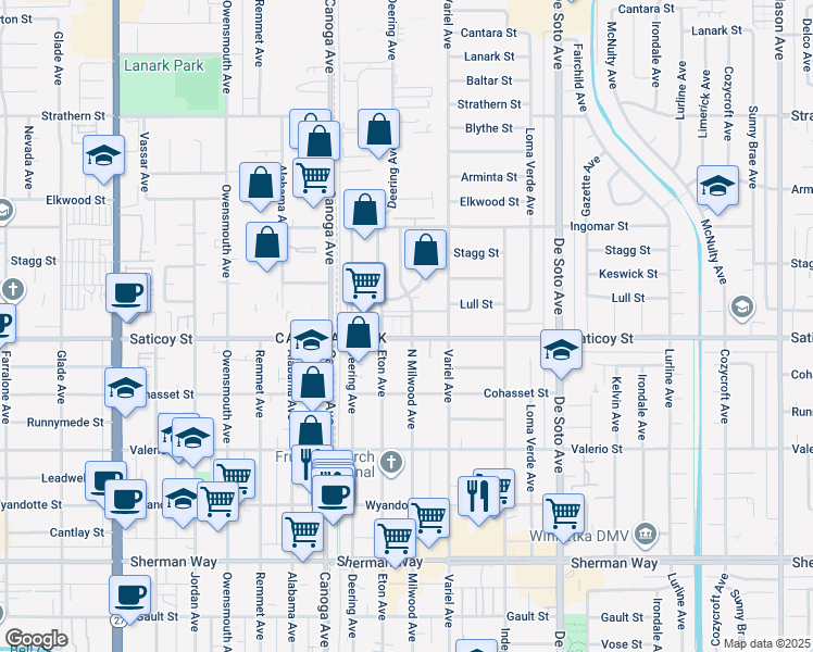 map of restaurants, bars, coffee shops, grocery stores, and more near 21205 Saticoy Street in Canoga Park
