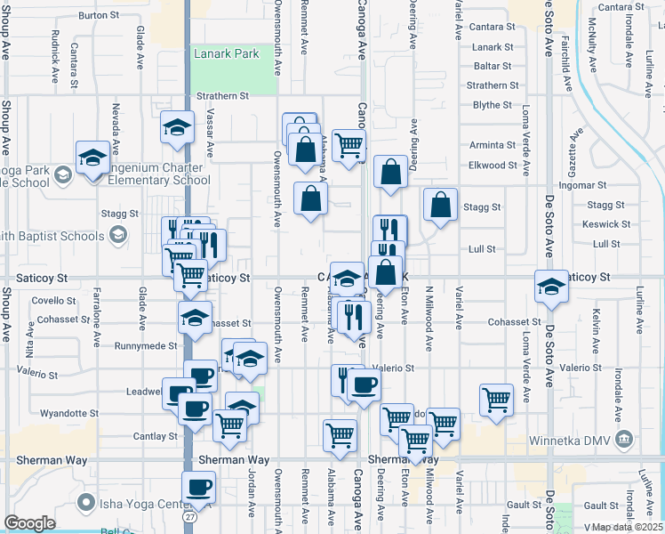 map of restaurants, bars, coffee shops, grocery stores, and more near 21445 Saticoy Street in Los Angeles