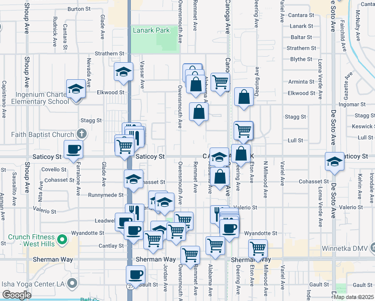 map of restaurants, bars, coffee shops, grocery stores, and more near 7628 Owensmouth Avenue in Los Angeles
