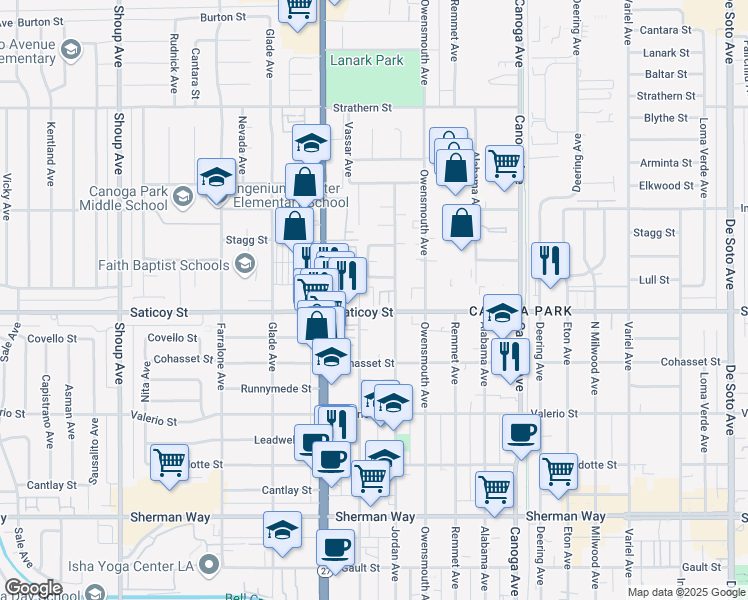 map of restaurants, bars, coffee shops, grocery stores, and more near 7625 Jordan Avenue in Los Angeles
