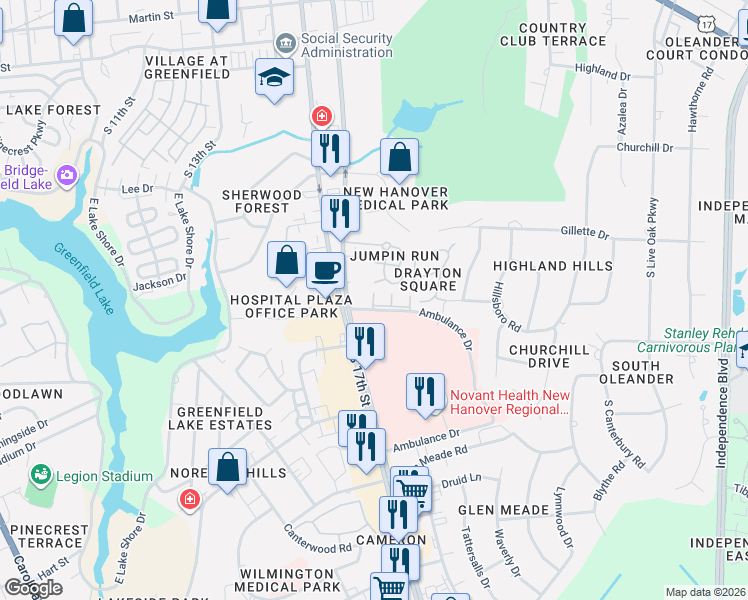 map of restaurants, bars, coffee shops, grocery stores, and more near 2006 Jumpin Run Drive in Wilmington