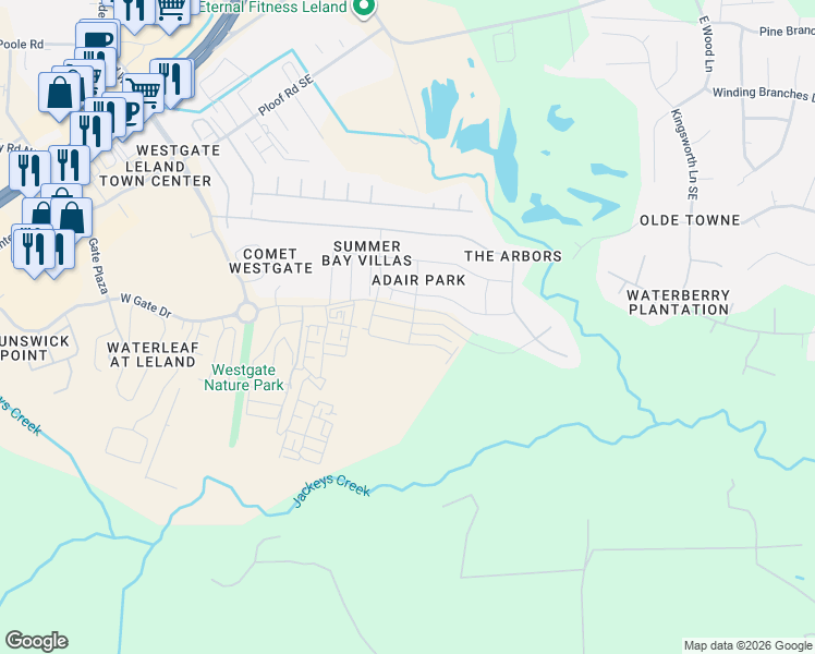 map of restaurants, bars, coffee shops, grocery stores, and more near 9465 Night Harbor Drive Southeast in Leland