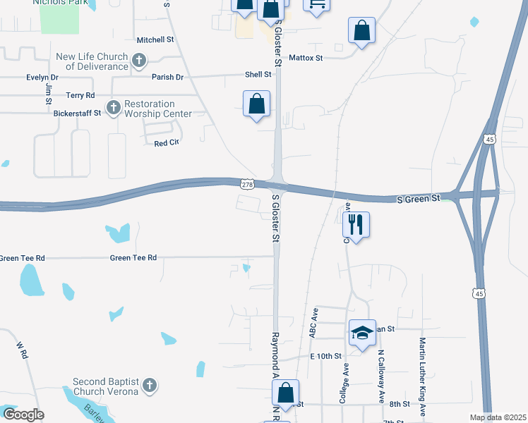 map of restaurants, bars, coffee shops, grocery stores, and more near 2520-2574 South Gloster Street in Tupelo