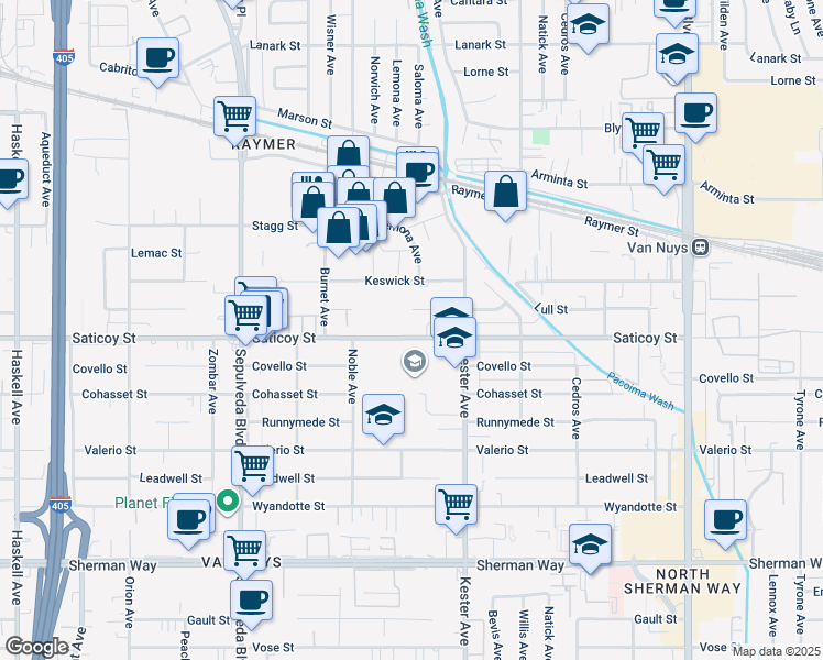 map of restaurants, bars, coffee shops, grocery stores, and more near 14955 Saticoy Street in Los Angeles