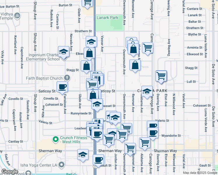 map of restaurants, bars, coffee shops, grocery stores, and more near 21825 Saticoy Street in Los Angeles
