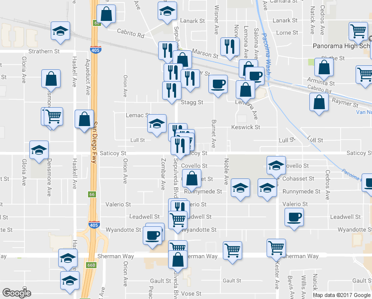 map of restaurants, bars, coffee shops, grocery stores, and more near 15237 Saticoy Street in Los Angeles