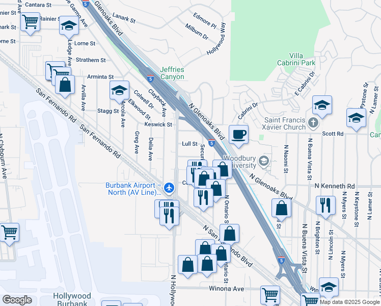 map of restaurants, bars, coffee shops, grocery stores, and more near 9929 Saticoy Street in Burbank