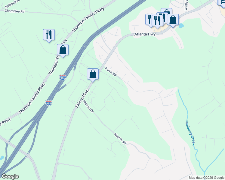 map of restaurants, bars, coffee shops, grocery stores, and more near 3893 Parks Road in Flowery Branch