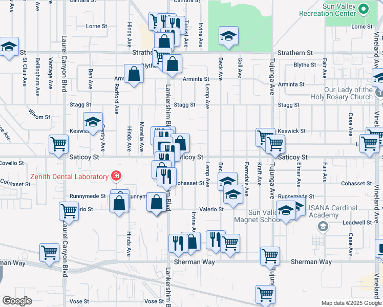 map of restaurants, bars, coffee shops, grocery stores, and more near 11643 Saticoy Street in Los Angeles