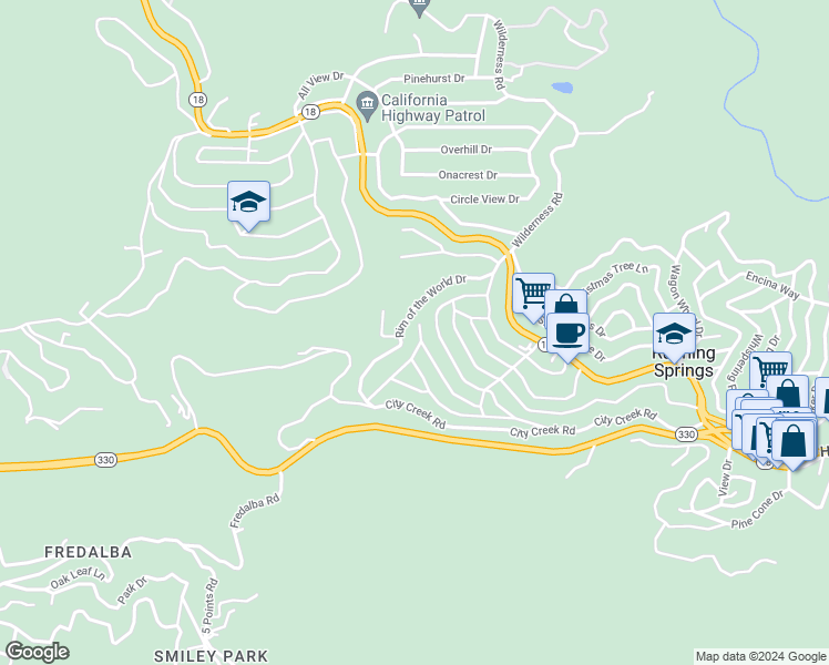 map of restaurants, bars, coffee shops, grocery stores, and more near 31353 Lightfoot Way in Running Springs