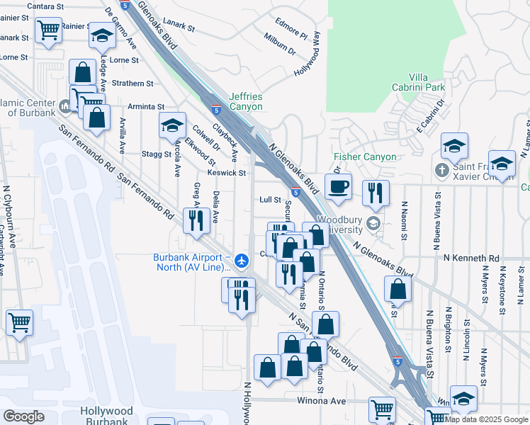 map of restaurants, bars, coffee shops, grocery stores, and more near 7622 North Hollywood Way in Burbank