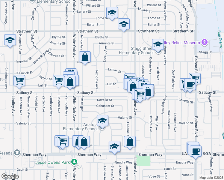 map of restaurants, bars, coffee shops, grocery stores, and more near 17436 Lull Street in Los Angeles