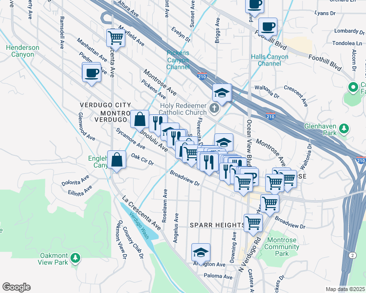 map of restaurants, bars, coffee shops, grocery stores, and more near 2512 Hermosa Avenue in La Crescenta-Montrose