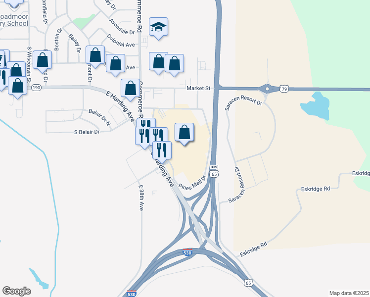 map of restaurants, bars, coffee shops, grocery stores, and more near 2901 Pines Mall Drive in Pine Bluff