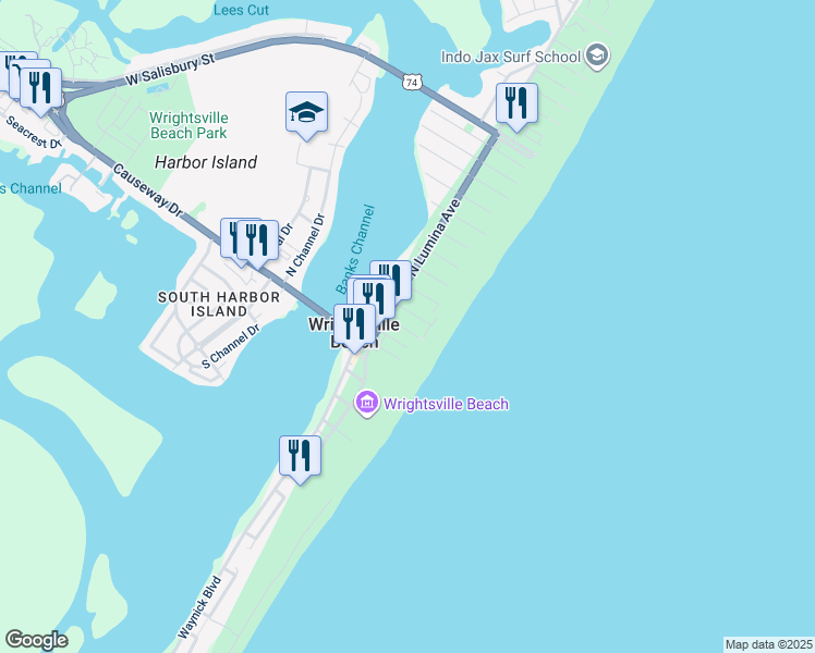 map of restaurants, bars, coffee shops, grocery stores, and more near 9 Birmingham Street in Wrightsville Beach