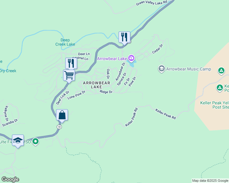 map of restaurants, bars, coffee shops, grocery stores, and more near 2481 Spruce Drive in Running Springs