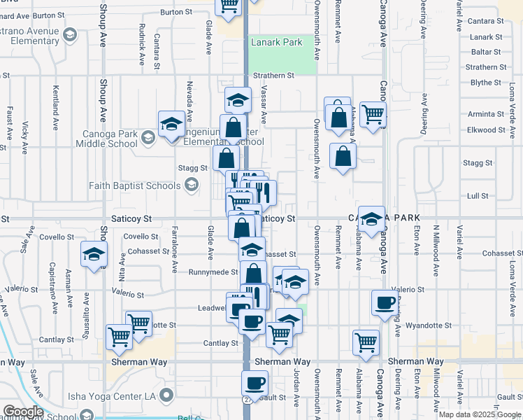 map of restaurants, bars, coffee shops, grocery stores, and more near 21915 Saticoy Street in Los Angeles