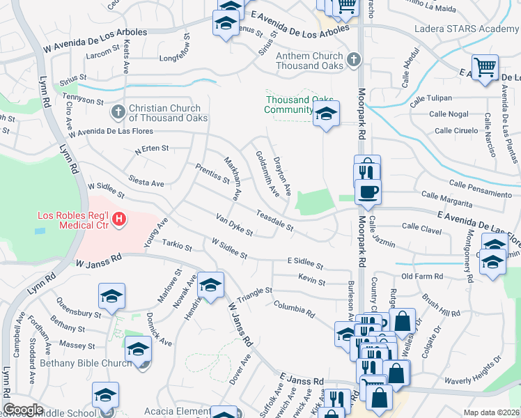 map of restaurants, bars, coffee shops, grocery stores, and more near 75 Teasdale Street in Thousand Oaks