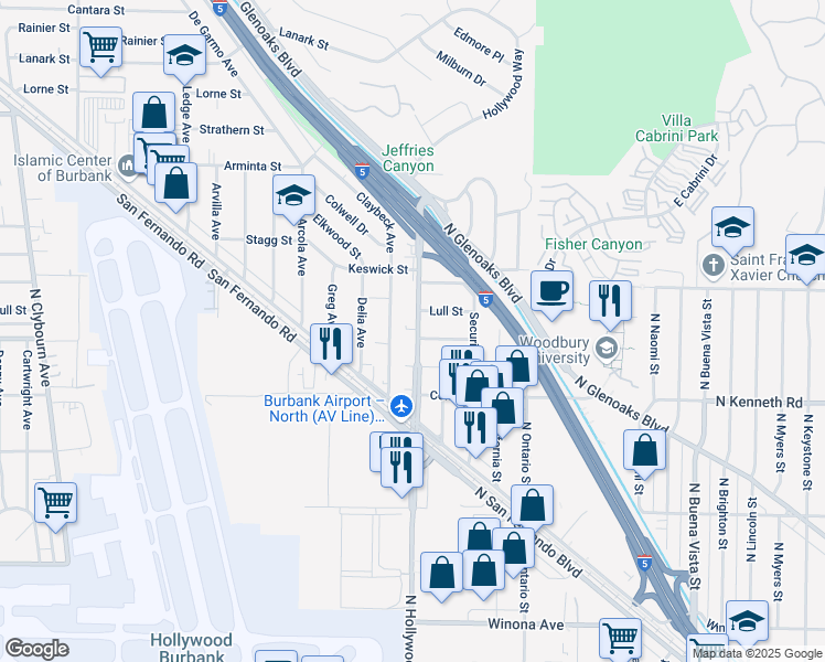 map of restaurants, bars, coffee shops, grocery stores, and more near 7622 North Hollywood Way in Burbank