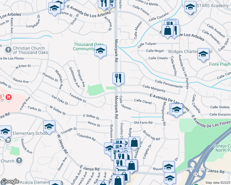 map of restaurants, bars, coffee shops, grocery stores, and more near N Moorpark Rd & E Avenida De Las Flores in Thousand Oaks