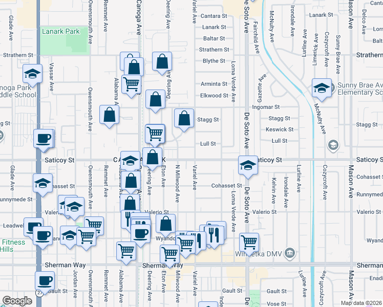 map of restaurants, bars, coffee shops, grocery stores, and more near 21101 Saticoy Street in Los Angeles