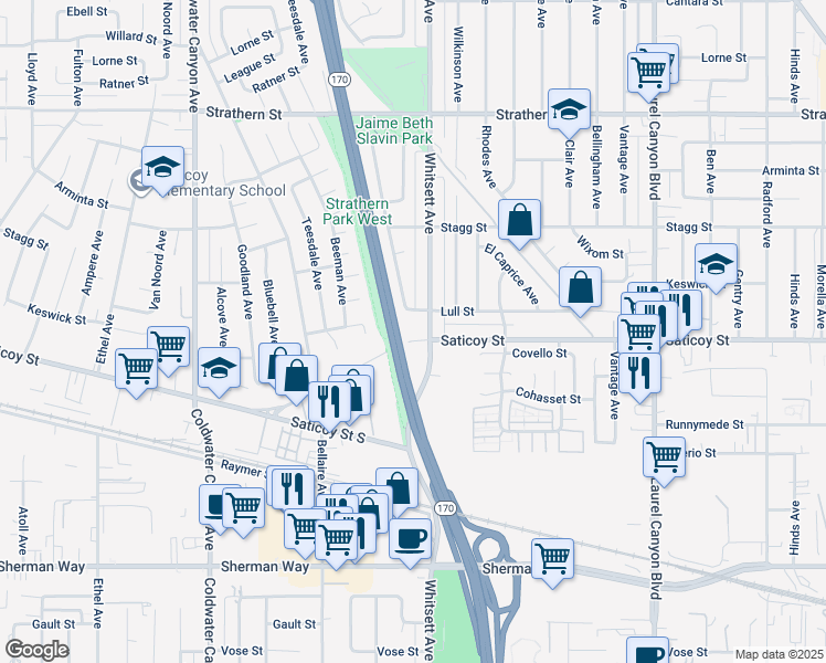 map of restaurants, bars, coffee shops, grocery stores, and more near 12515 Saticoy Street in Los Angeles