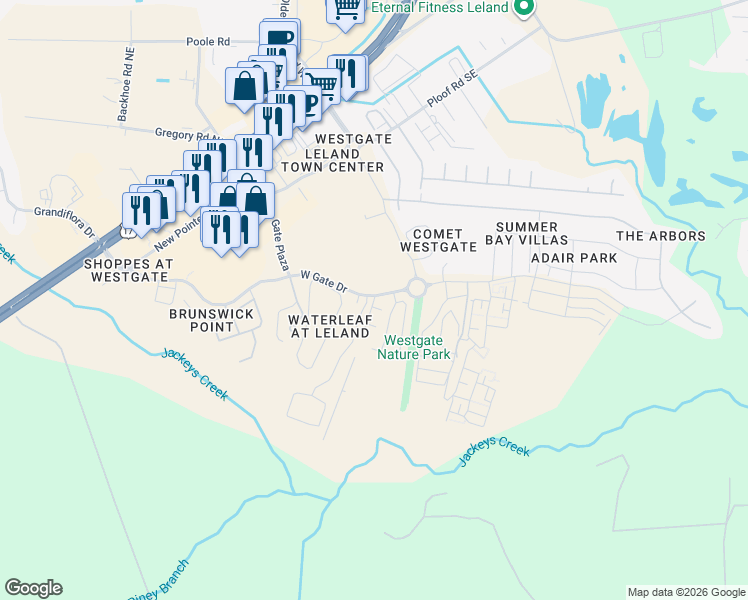 map of restaurants, bars, coffee shops, grocery stores, and more near 1012 Tideline Drive in Leland