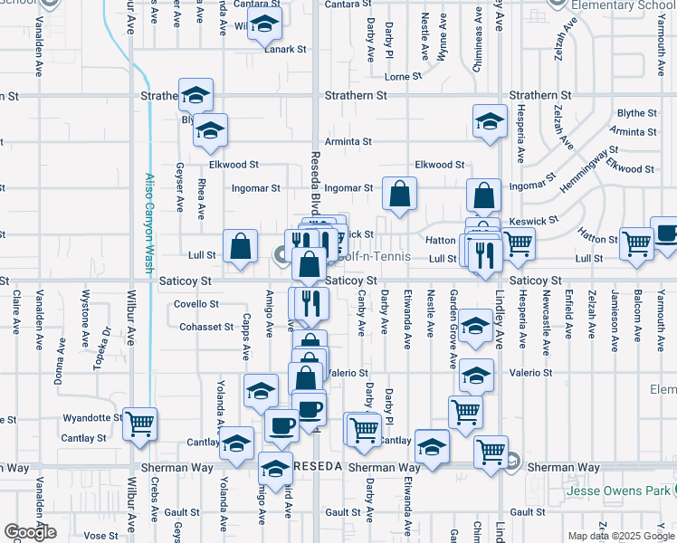 map of restaurants, bars, coffee shops, grocery stores, and more near 7610 Canby Avenue in Los Angeles
