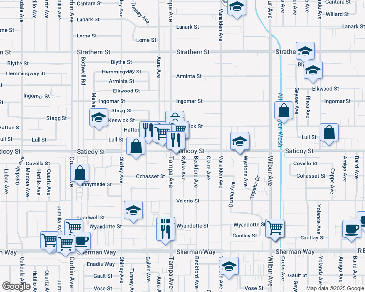 map of restaurants, bars, coffee shops, grocery stores, and more near 19237 Saticoy Street in Los Angeles