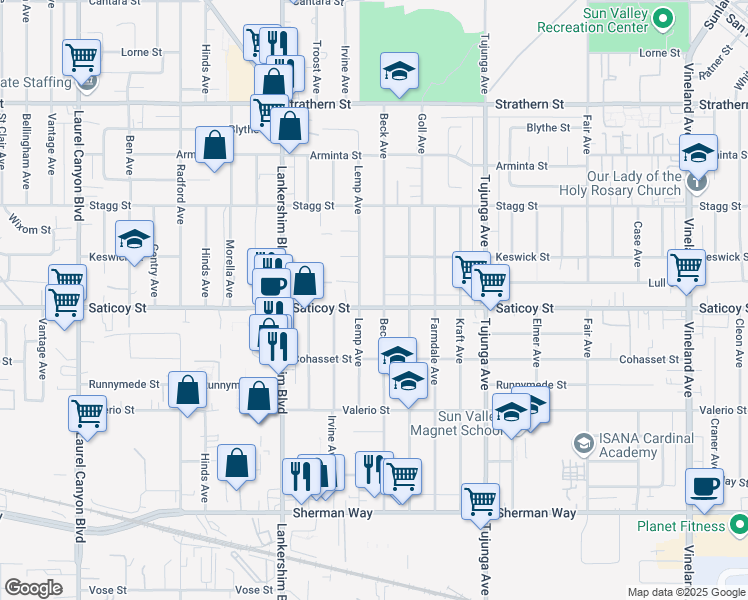 map of restaurants, bars, coffee shops, grocery stores, and more near 11551 Saticoy Street in Los Angeles