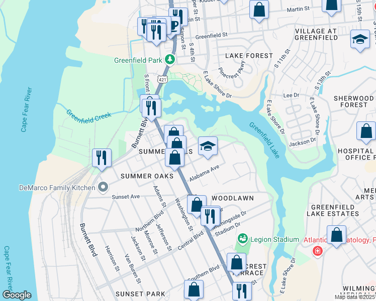 map of restaurants, bars, coffee shops, grocery stores, and more near 604 North Carolina Avenue in Wilmington