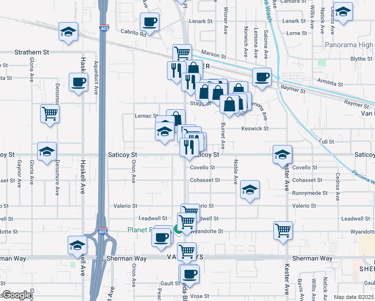 map of restaurants, bars, coffee shops, grocery stores, and more near 15237 Saticoy Street in Los Angeles