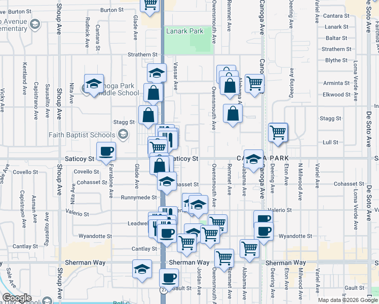 map of restaurants, bars, coffee shops, grocery stores, and more near 7625 Jordan Avenue in Los Angeles