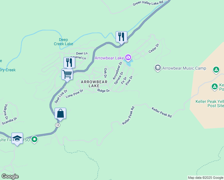 map of restaurants, bars, coffee shops, grocery stores, and more near 2481 Spruce Drive in Running Springs