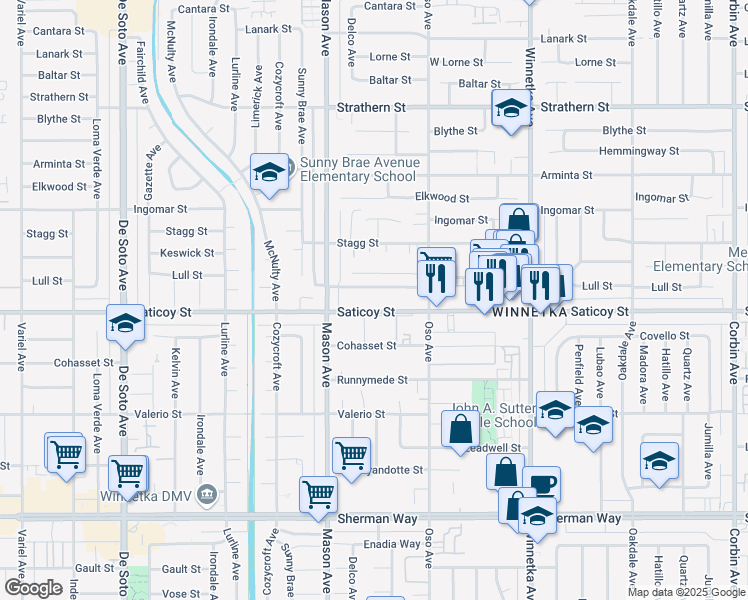 map of restaurants, bars, coffee shops, grocery stores, and more near 20415 Saticoy Street in Los Angeles