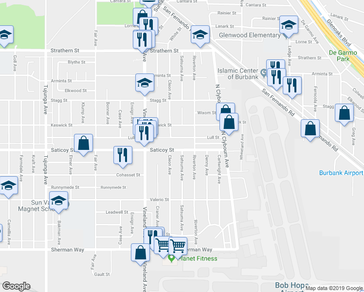 map of restaurants, bars, coffee shops, grocery stores, and more near 10833 Saticoy Street in Los Angeles