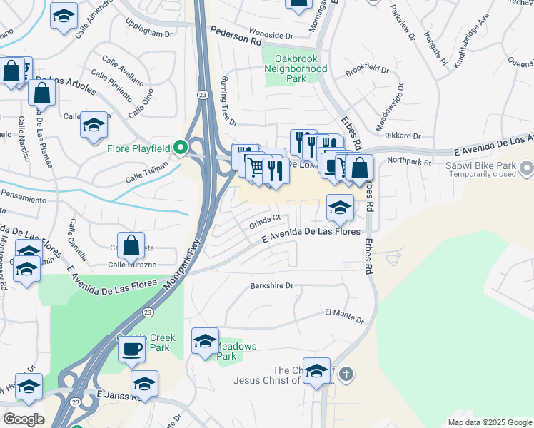 map of restaurants, bars, coffee shops, grocery stores, and more near 1803 Orinda Court in Thousand Oaks
