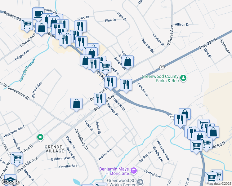 map of restaurants, bars, coffee shops, grocery stores, and more near North Highway 25 in Greenwood