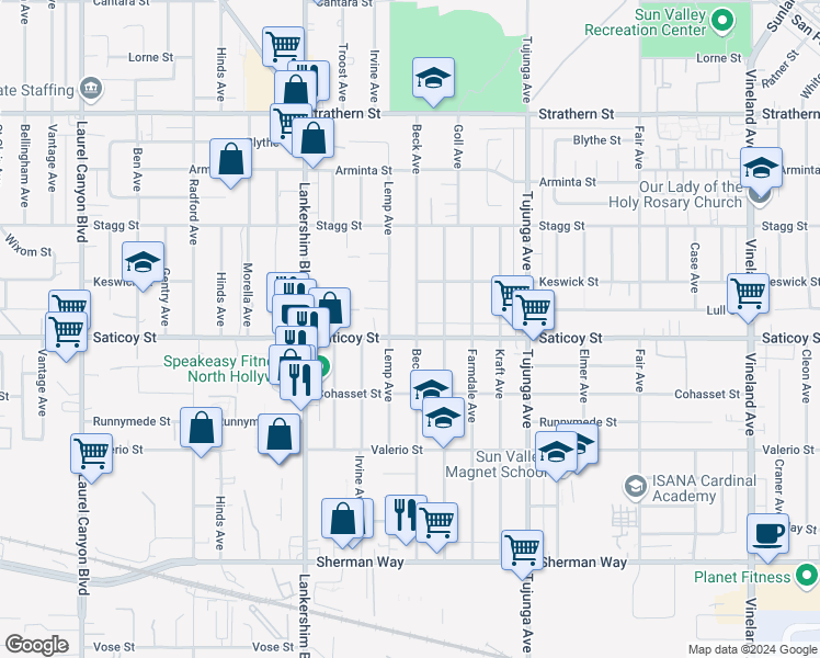 map of restaurants, bars, coffee shops, grocery stores, and more near 11545 Saticoy Street in Los Angeles