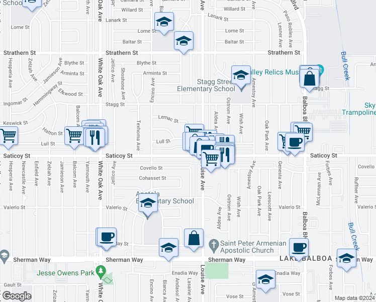 map of restaurants, bars, coffee shops, grocery stores, and more near 17337 Saticoy Street in Los Angeles