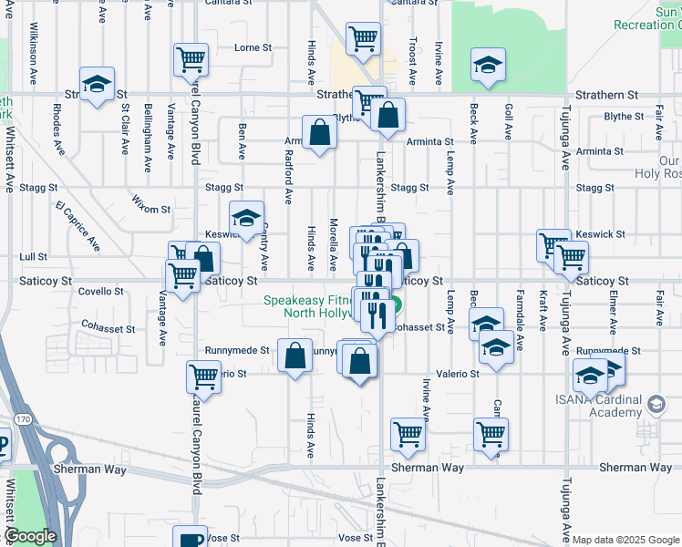 map of restaurants, bars, coffee shops, grocery stores, and more near 11757 Saticoy Street in Los Angeles