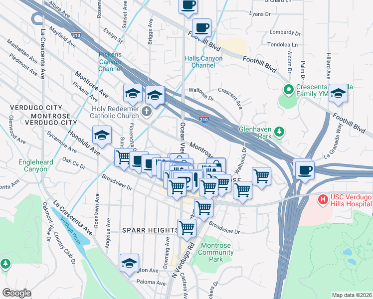 map of restaurants, bars, coffee shops, grocery stores, and more near 2242 Montrose Avenue in La Crescenta-Montrose