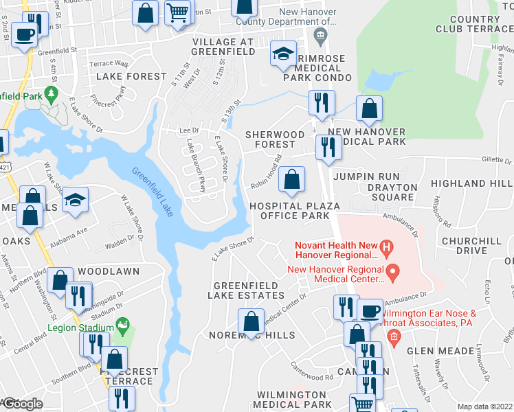 map of restaurants, bars, coffee shops, grocery stores, and more near 2013 East Lake Shore Drive in Wilmington