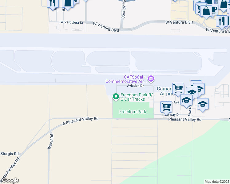 map of restaurants, bars, coffee shops, grocery stores, and more near 530 Convair Street in Camarillo
