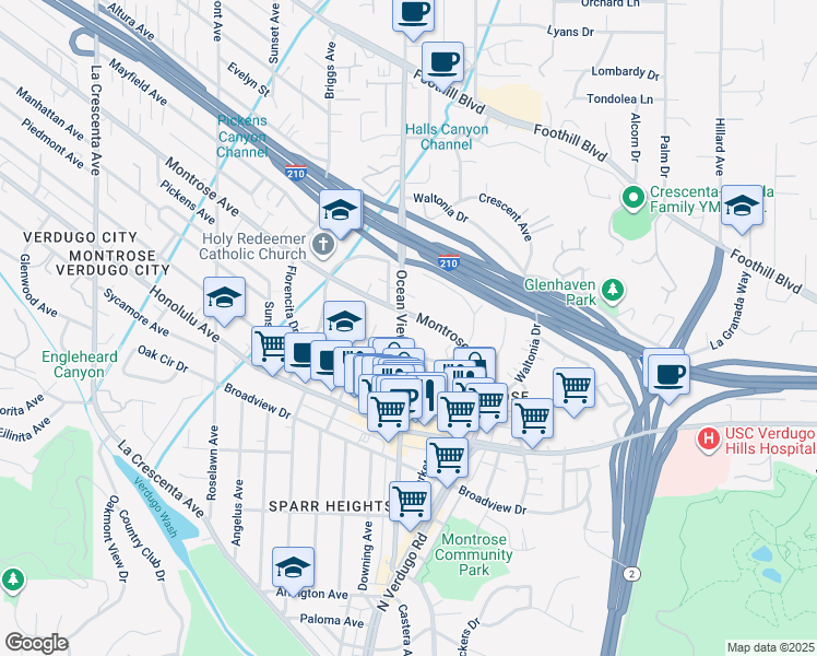 map of restaurants, bars, coffee shops, grocery stores, and more near 2256 Montrose Avenue in La Crescenta-Montrose