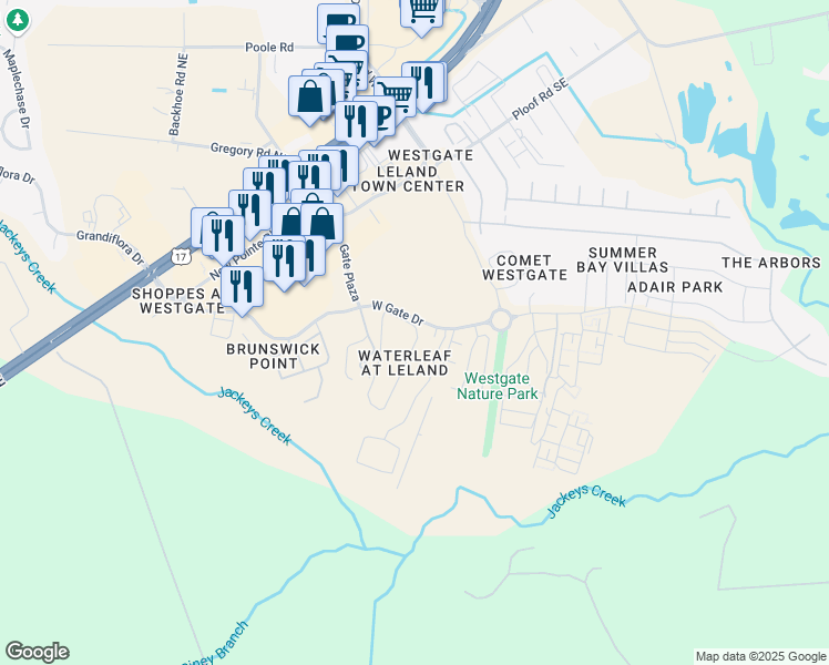 map of restaurants, bars, coffee shops, grocery stores, and more near 7418 Cordoba Circle in Leland