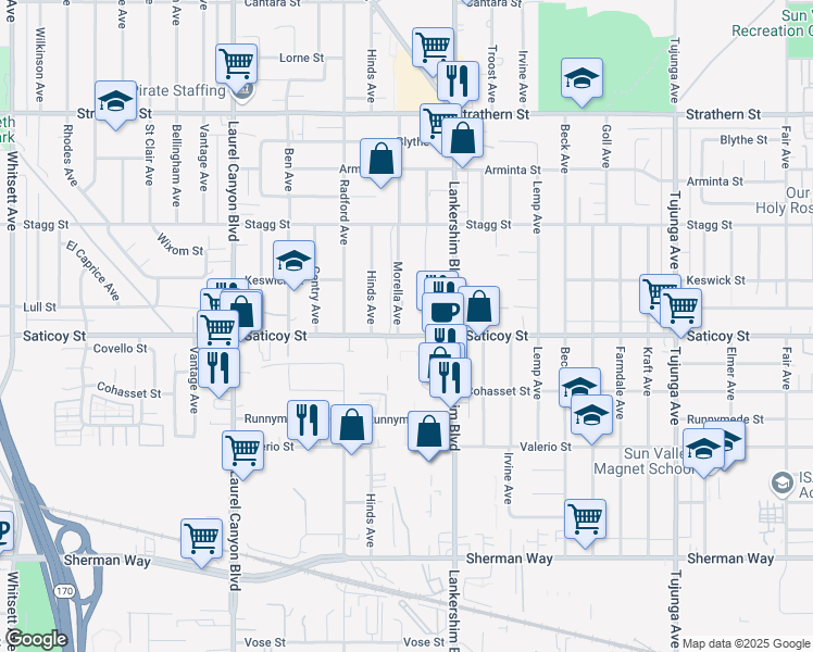 map of restaurants, bars, coffee shops, grocery stores, and more near 11757 Saticoy Street in Los Angeles